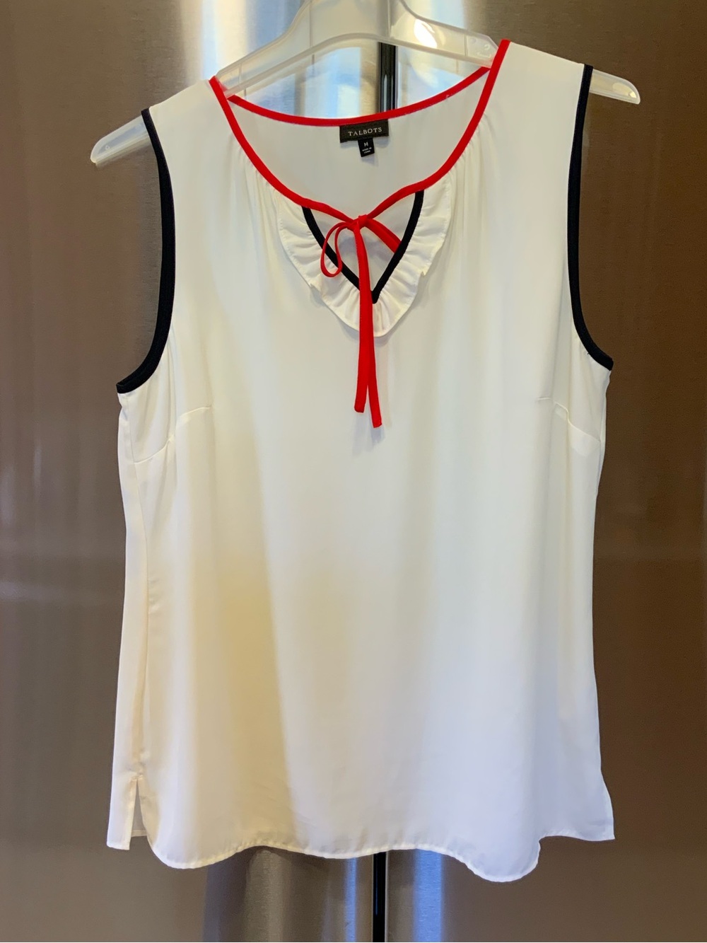 Talbots White Sleeveless Chiffon Tie-Neck Blouse with Red and Black Trim